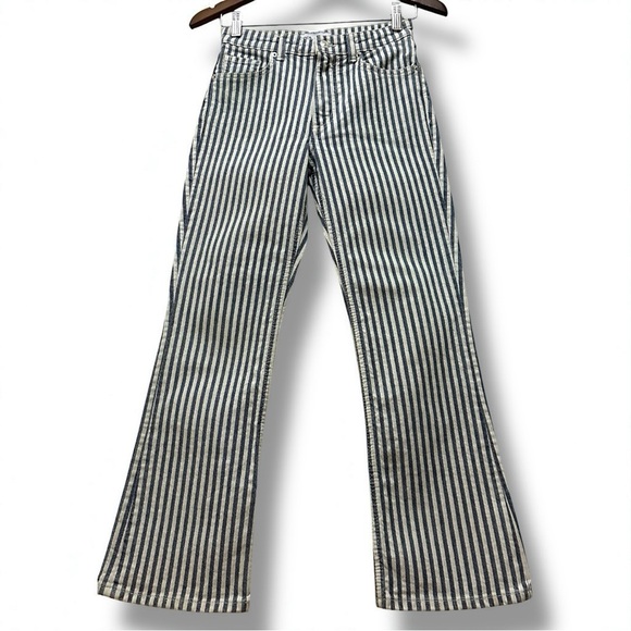 287 ZARA | EUC Serbia Blue Off - White Striped High Rise Flare Jeans (Size 2) - Picture 2 of 13